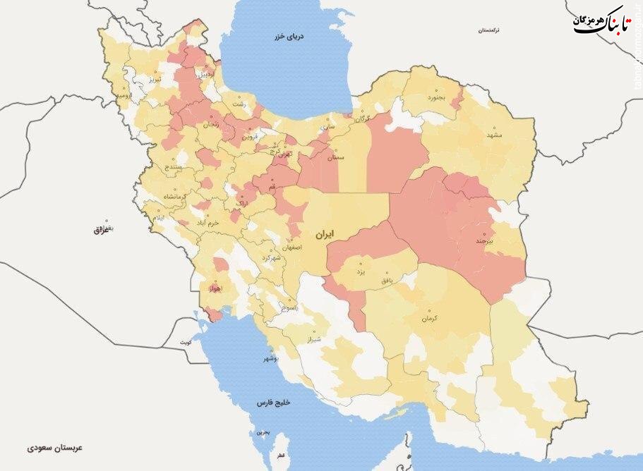 نقشه پراکندگی مناطق سفید، زرد و قرمز از لحاظ فراگیری کرونا